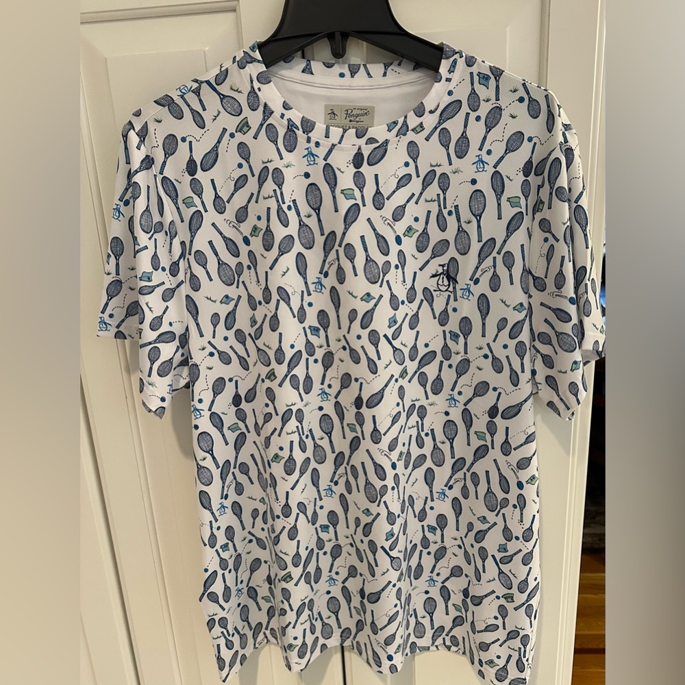 TENNIS anyone? Original Penguin White and Blue Tennis Racket Print Shirt